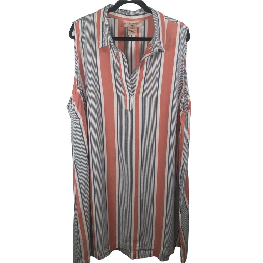 Philosophy Shirt Dress Tencel  Sleeveless  Blue & Salmon Striped Size 3X